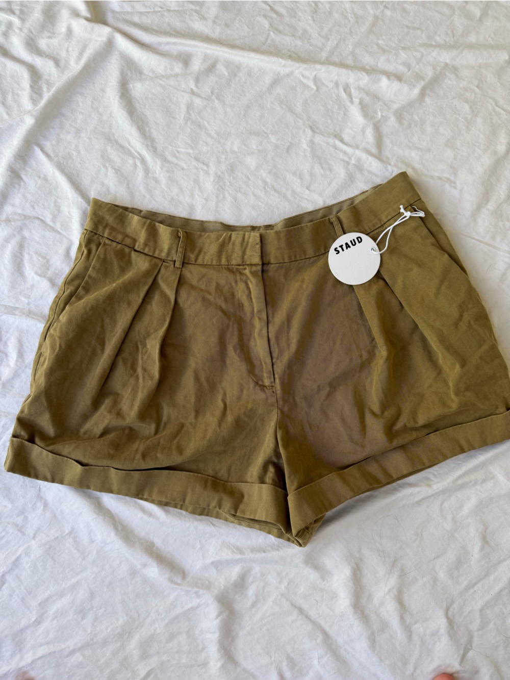 STAUD Olive-Tone Pleated High-Rise Shorts